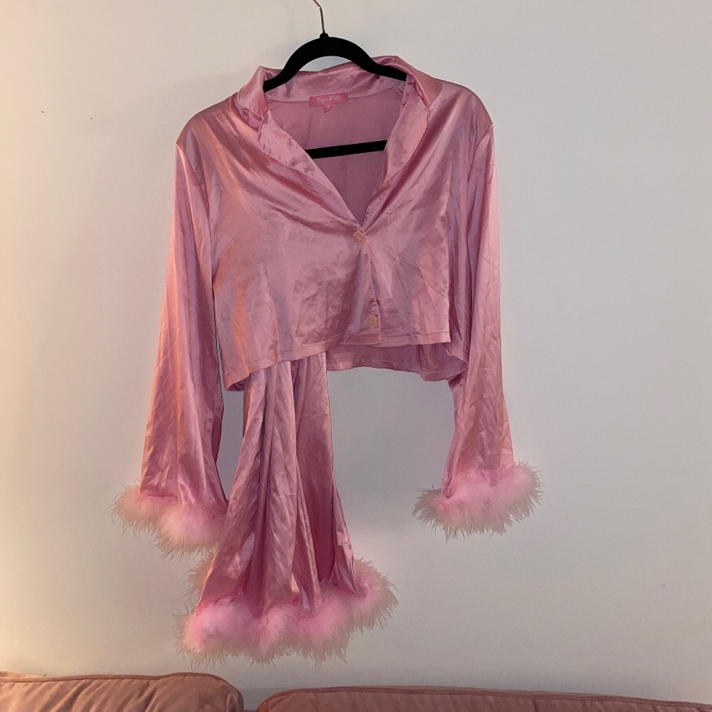 SUGARTHRILLZ PINK FEATHER TRIM SATIN PAJAMAS